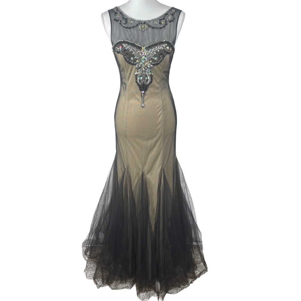 VTG Y2K Whimsigoth Formal Gown Dress Black Gold Beaded‎ Mesh Mermaid Mesh Sz 7 8